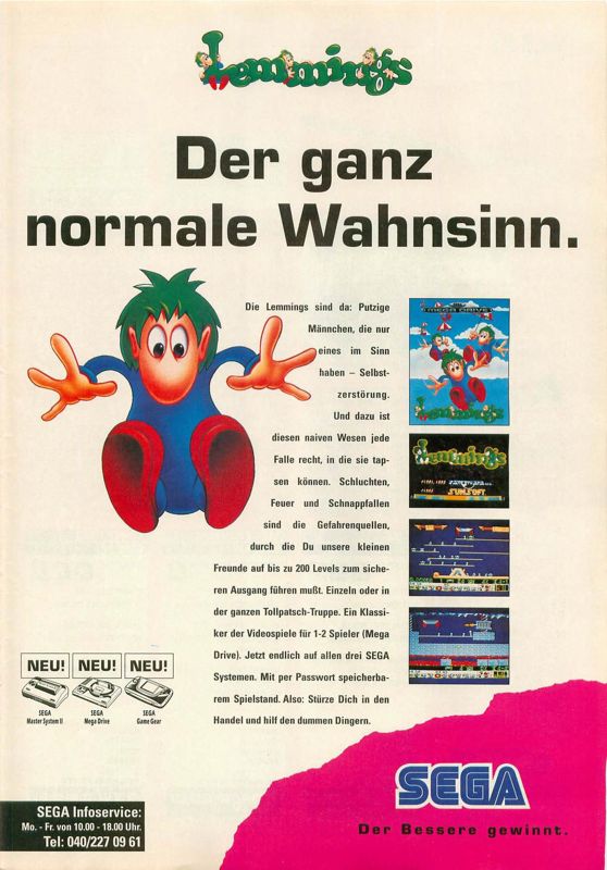 Lemmings Magazine Advertisement (Magazine Advertisements): Video Games (Germany), Issue 12/1992