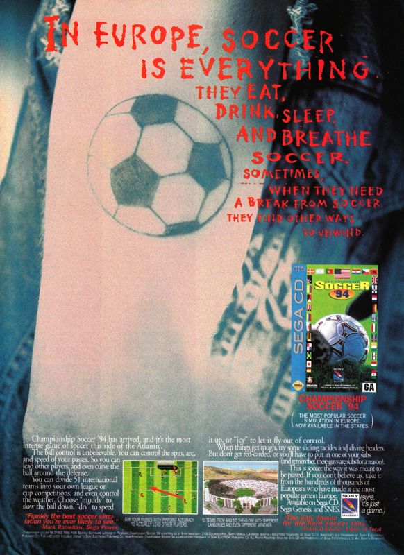 Championship Soccer '94 Magazine Advertisement (Magazine Advertisements): GamePro (International Data Group, United States), Issue 60 (July 1994)