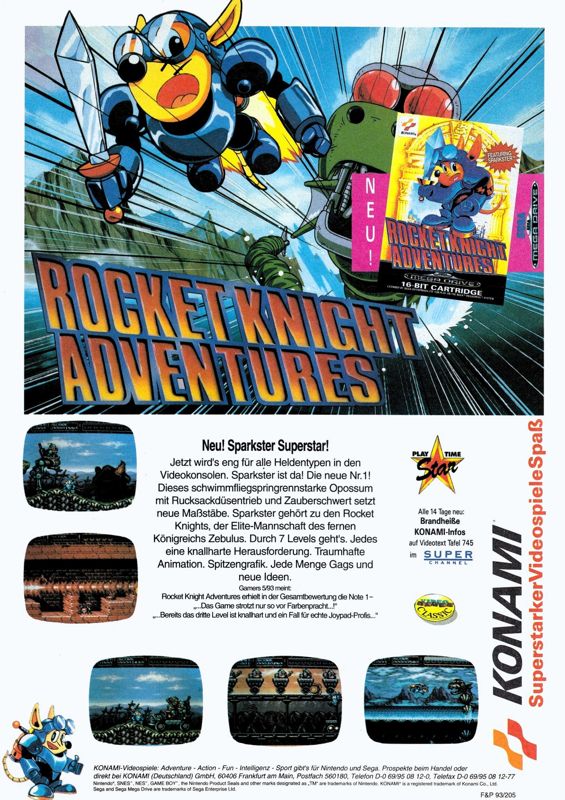 Rocket Knight Adventures Magazine Advertisement (Magazine Advertisements): Video Games (Germany), Issue 10/1993