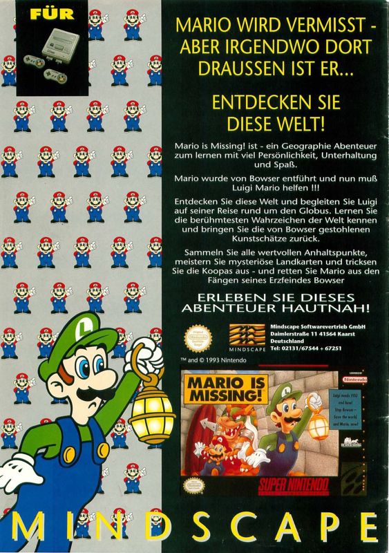 Mario is Missing! Magazine Advertisement (Magazine Advertisements): Video Games (Germany), Issue 03/1994