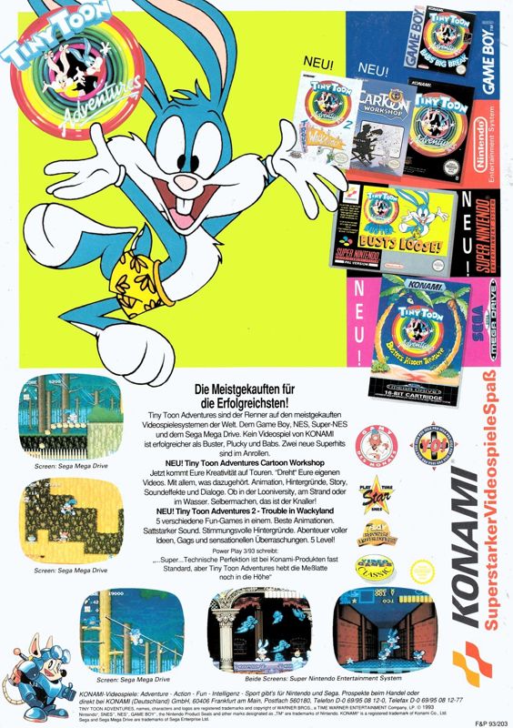 Tiny Toon Adventures: Cartoon Workshop Magazine Advertisement (Magazine Advertisements): Video Games (Germany), Issue 10/1993
