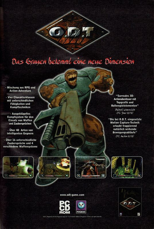 O.D.T.: Escape... or Die Trying Magazine Advertisement (Magazine Advertisements): PC Player (Germany), Issue 11/1998