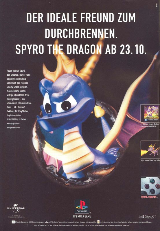 Spyro the Dragon Magazine Advertisement (Magazine Advertisements): Video Games (Germany), Issue 11/1998