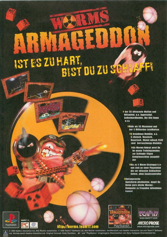 Worms: Armageddon Magazine Advertisement (Magazine Advertisements): Video Games (Germany), Issue 12/1999