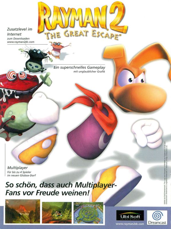 Rayman 2: The Great Escape Magazine Advertisement (Magazine Advertisements): Video Games (Germany), Issue 05/2000