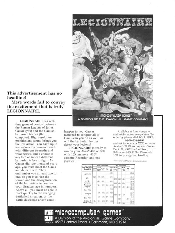 Legionnaire Magazine Advertisement (Magazine Advertisements): Computer Gaming World (US), Vol. 2 No. 6 (November - December 1982)