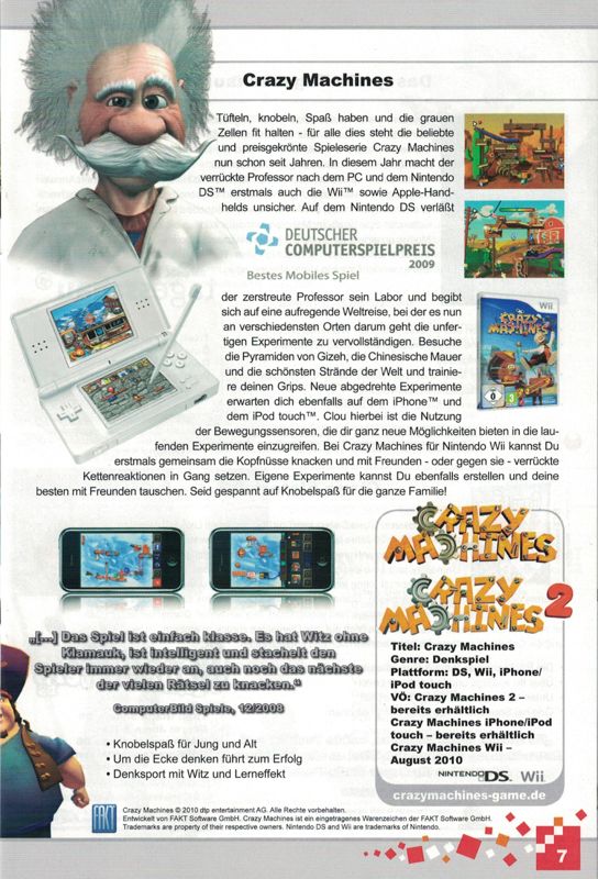 Crazy Machines 2 Catalogue (Catalogue Advertisements): dtp entertainment AG Catalog, 2010/2011