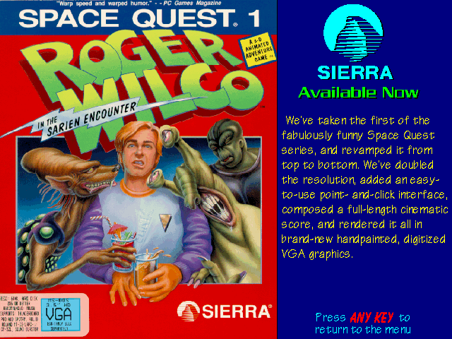 Space Quest I: Roger Wilco in the Sarien Encounter Other (Sierra's Sneak Peeks (1993)): Self Running Display Screen AUTODEMO/SQ1.PCX