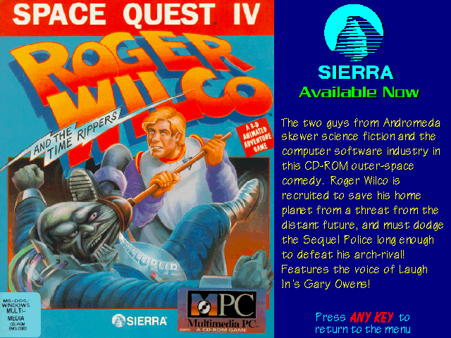 Space Quest IV: Roger Wilco and the Time Rippers Other (Sierra's Sneak Peeks (1993)): Self Running Display Screen AUTODEMO/SQ4.PCX