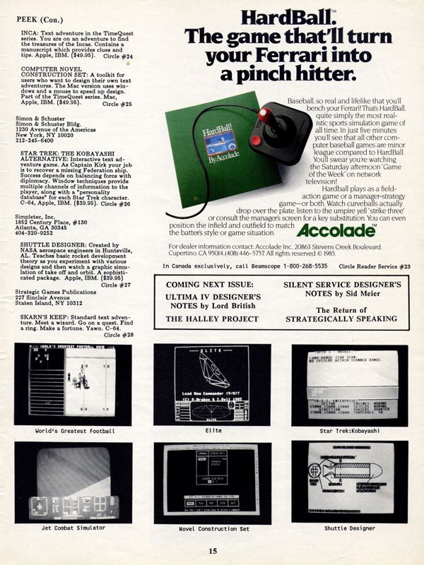 HardBall! Magazine Advertisement (Magazine Advertisements): Computer Gaming World (US), Issue #25 (January - February 1986)