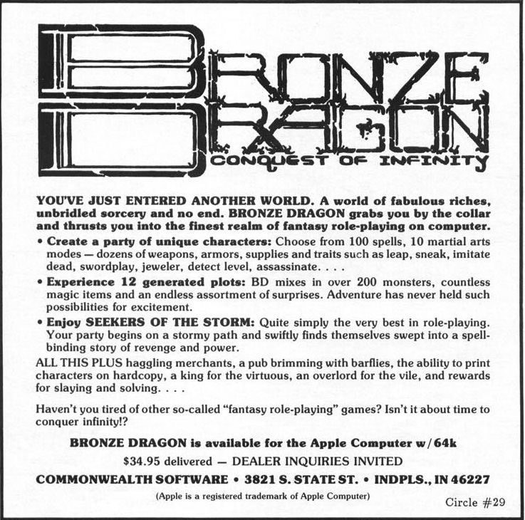 Bronze Dragon: Conquest of Infinity Magazine Advertisement (Magazine Advertisements): Computer Gaming World (US), No. 31 (September - October 1986)
