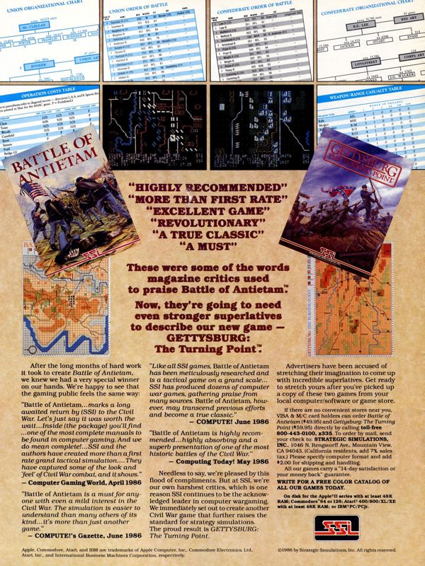 Battle of Antietam Magazine Advertisement (Magazine Advertisements): Computer Gaming World (US), No. 30 (August 1986)