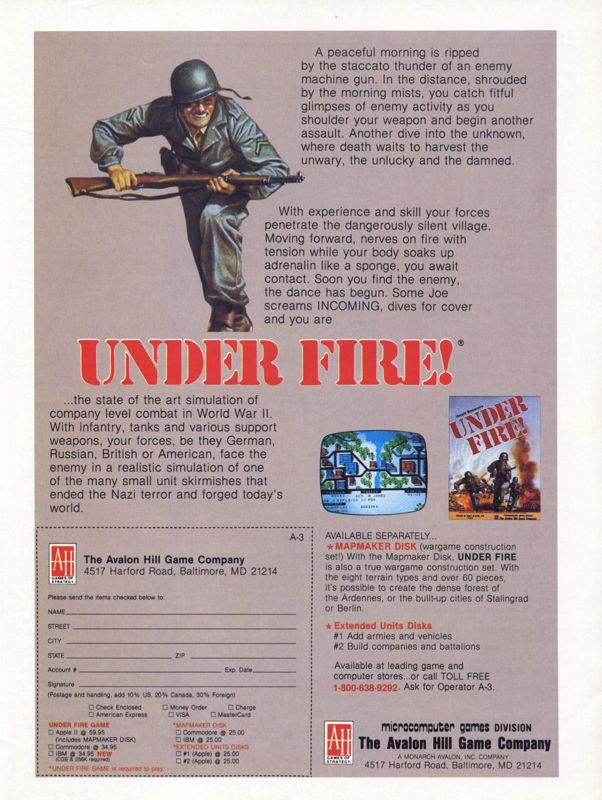 Under Fire! Magazine Advertisement (Magazine Advertisements): Computer Gaming World (United States) Issue 52 (October 1988)