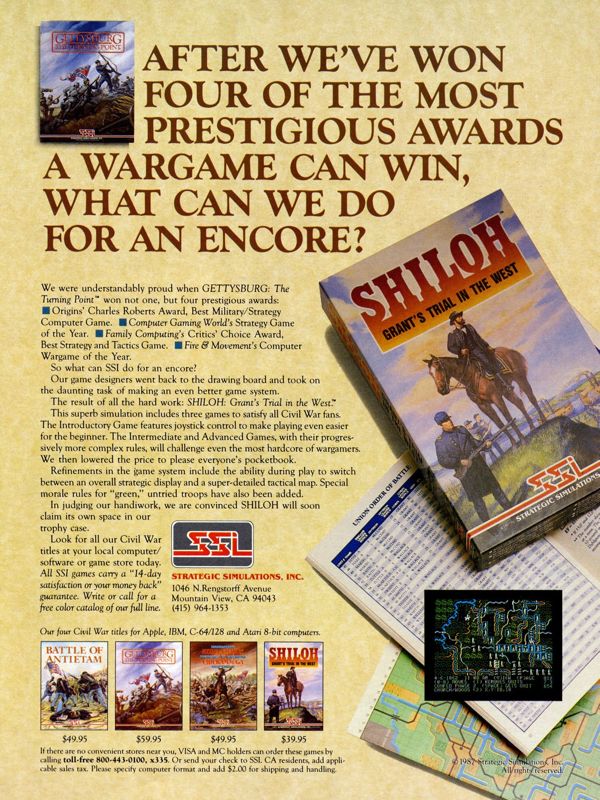 Shiloh: Grant's Trial in the West Magazine Advertisement (Magazine Advertisements): Computer Gaming World (US), Number 42 (December 1987)