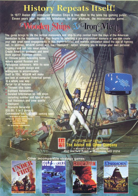 Wooden Ships & Iron Men Magazine Advertisement (Magazine Advertisements): Computer Gaming World (US), Number 44 (February 1988)