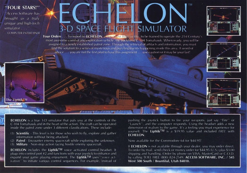 Echelon Magazine Advertisement (Magazine Advertisements): Computer Gaming World (US), Number 45 (March 1988)