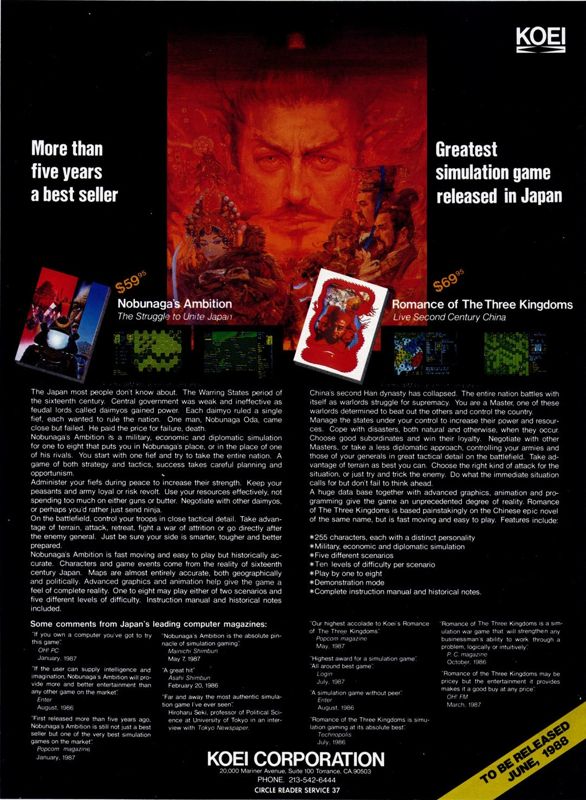 Romance of the Three Kingdoms Magazine Advertisement (Magazine Advertisements): Computer Gaming World (US), Number 48 (June 1988)