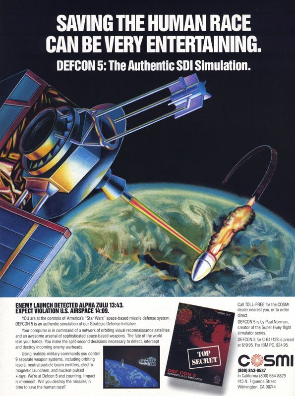Defcon 5 Magazine Advertisement (Magazine Advertisements): Computer Gaming World (US), Number 40 (October 1987)