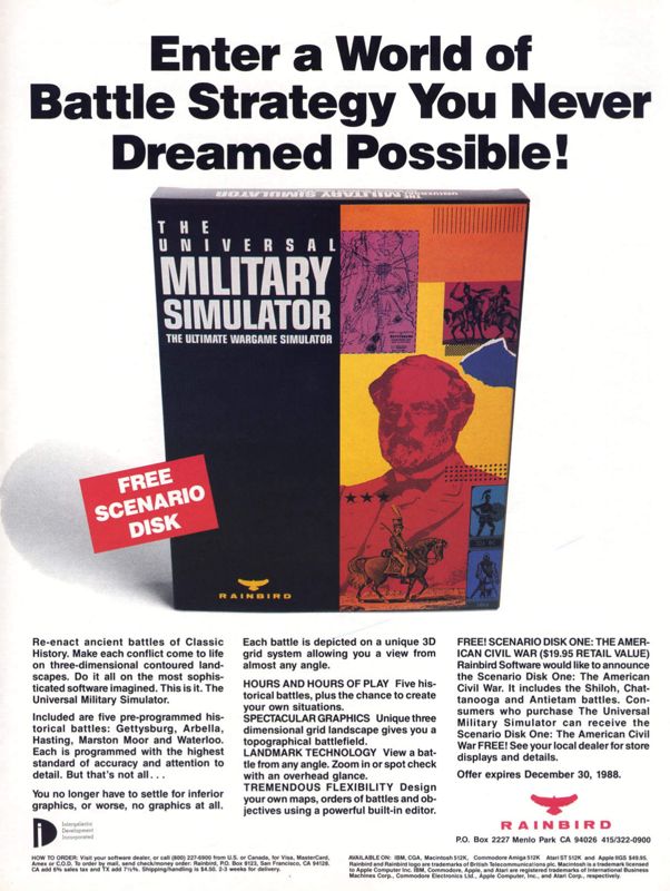 UMS: The Universal Military Simulator Magazine Advertisement (Magazine Advertisements): Computer Gaming World (United States) Issue 52 (October 1988)