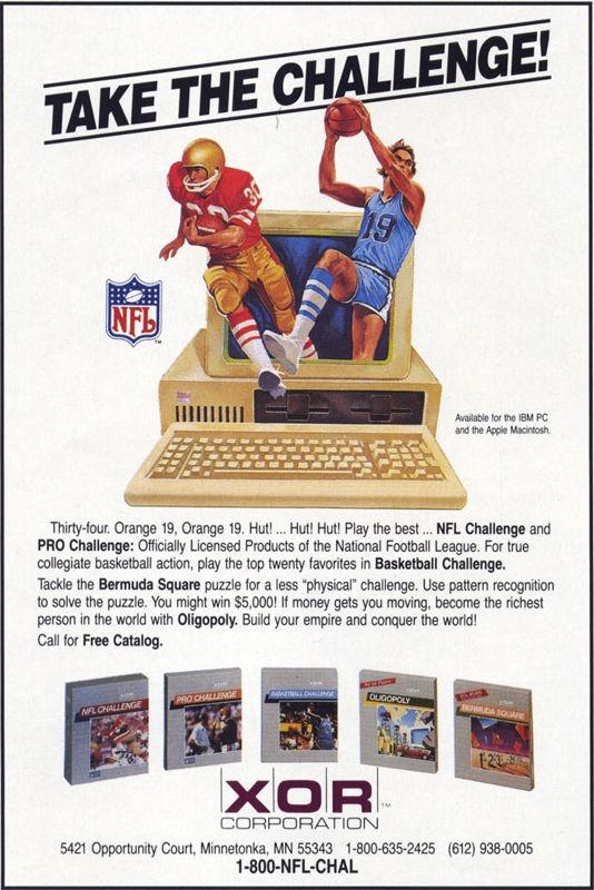 NFL Challenge Magazine Advertisement (Magazine Advertisements): Computer Gaming World (US), Number 53 (November 1988)