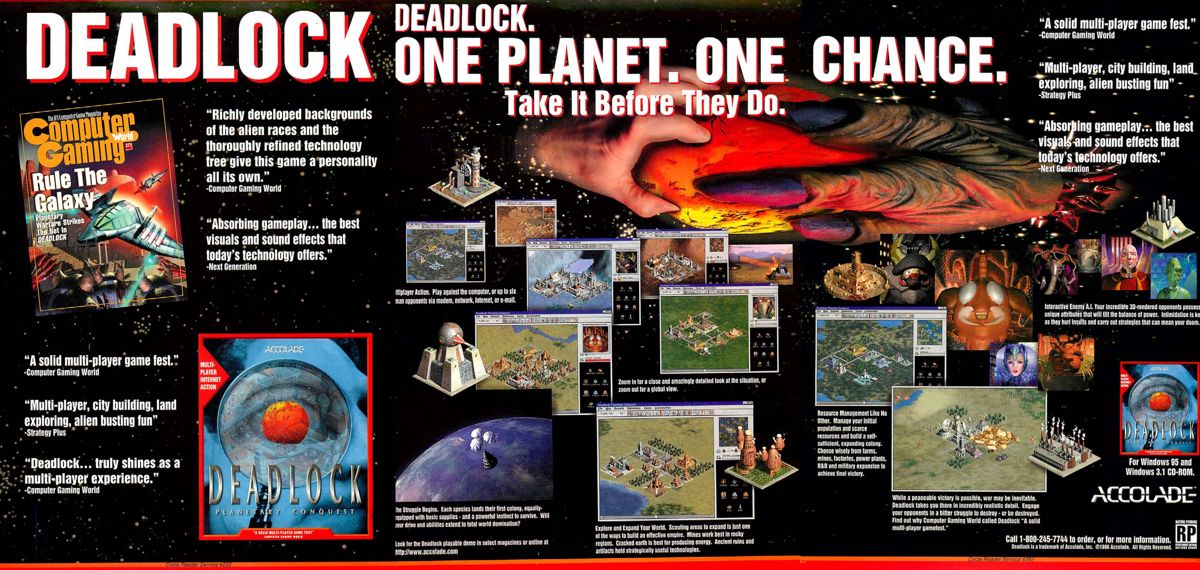 Deadlock: Planetary Conquest Magazine Advertisement (Magazine Advertisements): Computer Gaming World (United States), Issue No. 143 (June 1996) 3 page (Foldout)