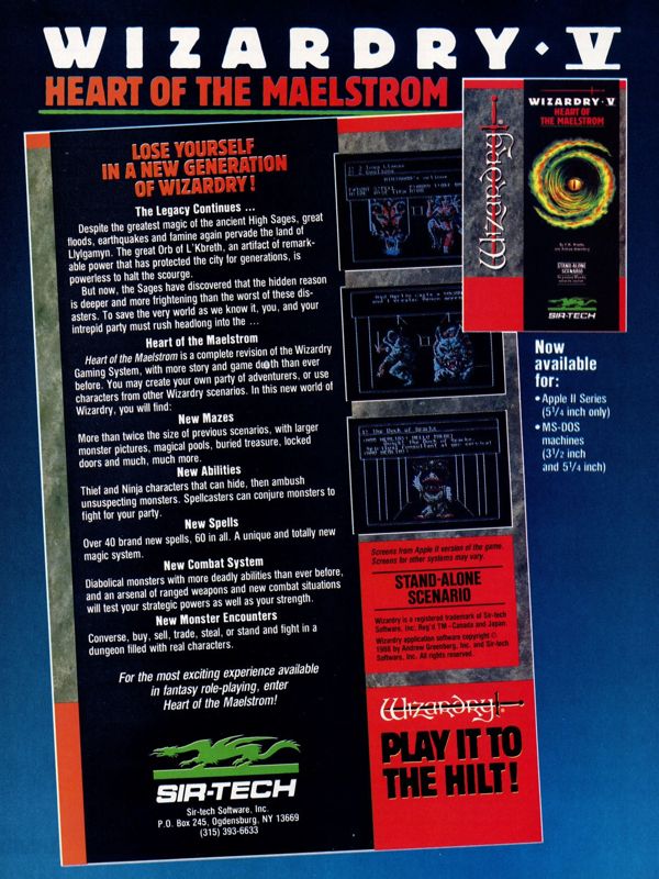Wizardry V: Heart of the Maelstrom Magazine Advertisement (Magazine Advertisements): Computer Gaming World (US), Number 55 (January 1989)