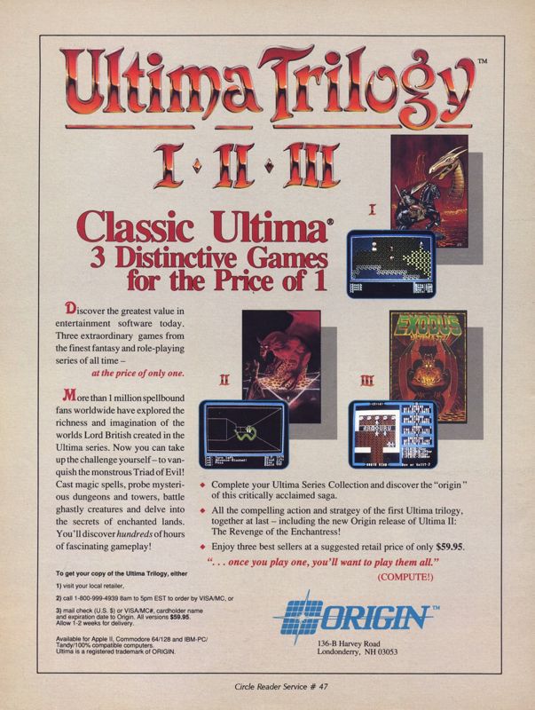 Ultima Trilogy: I ♦ II ♦ III Magazine Advertisement (Magazine Advertisements): Computer Gaming World (US), Number 57 (March 1989)
