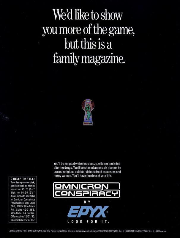 Omnicron Conspiracy Magazine Advertisement (Magazine Advertisements):<br> Computer Gaming World (US), Number 60 (June 1989)