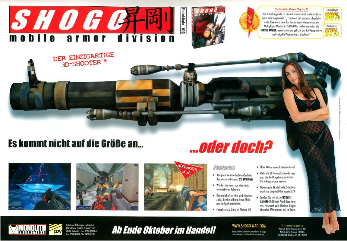 Shogo: Mobile Armor Division Magazine Advertisement (Magazine Advertisements): PC Joker (Germany), Issue 12/1998