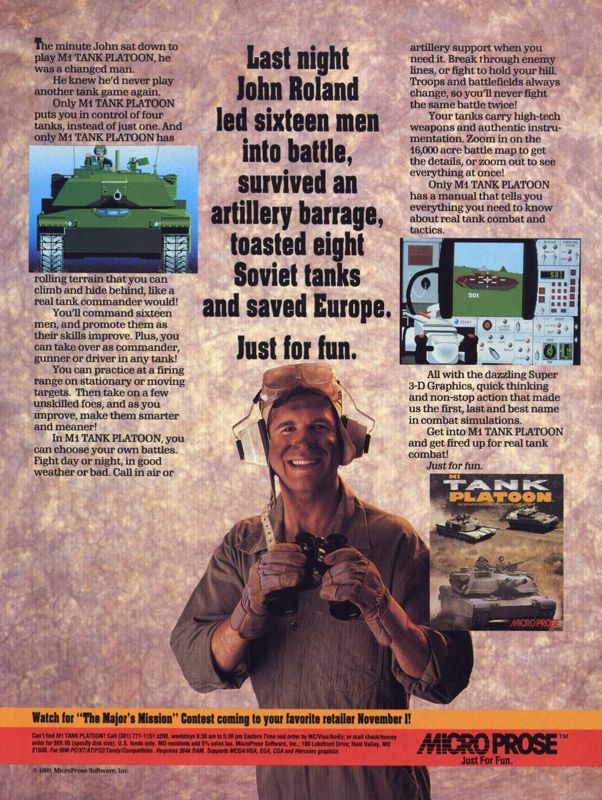 M1 Tank Platoon Magazine Advertisement (Magazine Advertisements): Computer Gaming World (United States) Issue 65 (November 1989)