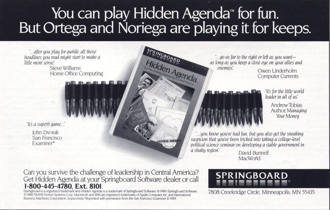 Hidden Agenda Magazine Advertisement (Magazine Advertisements): Computer Gaming World (US), Number 64 (October 1989)