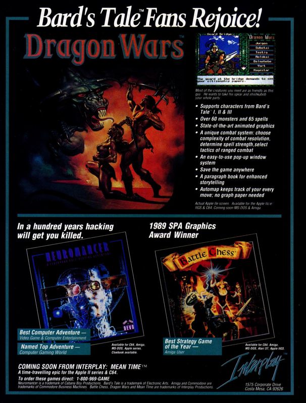 Dragon Wars Magazine Advertisement (Magazine Advertisements): Computer Gaming World (US), Number 66 (December 1989)
