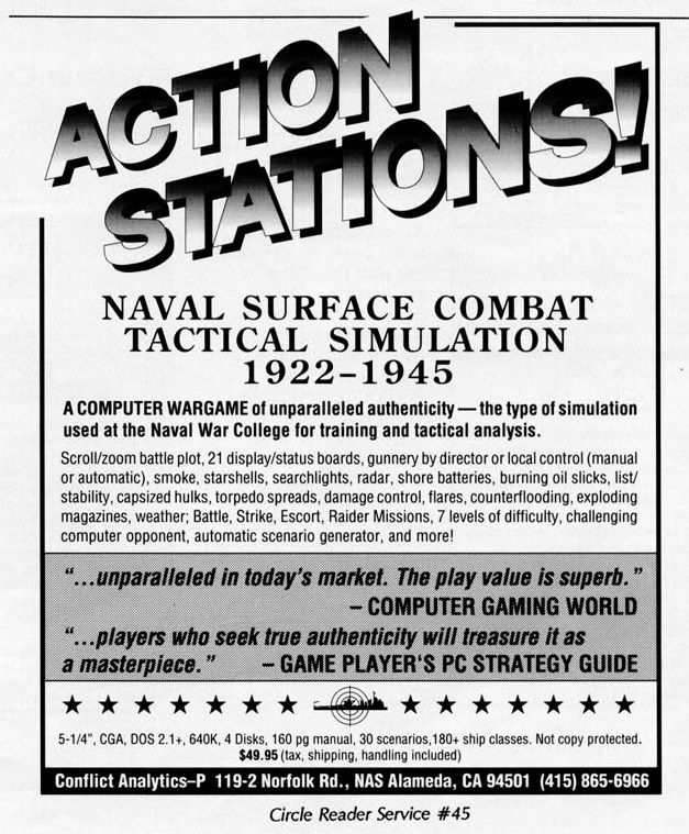 Action Stations! Magazine Advertisement (Magazine Advertisements): Computer Gaming World (US), Number 69 (March 1990)