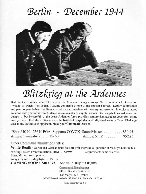 Blitzkrieg at the Ardennes Magazine Advertisement (Magazine Advertisements): Computer Gaming World (US), Number 71 (May 1990)