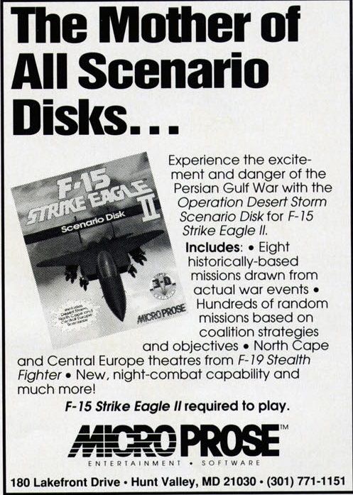 F-15 Strike Eagle II: Operation Desert Storm Scenario Disk Magazine Advertisement (Magazine Advertisements): Computer Gaming World (US), Number 84 (July 1991)