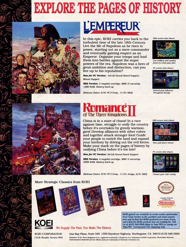 Romance of the Three Kingdoms II Magazine Advertisement (Magazine Advertisements): Computer Gaming World (US), Number 96 (September 1991)