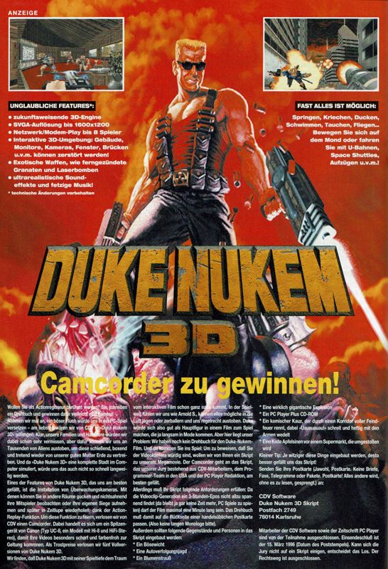 Duke Nukem 3D Magazine Advertisement (Magazine Advertisements): PC Player (Germany), Issue 03/1996
