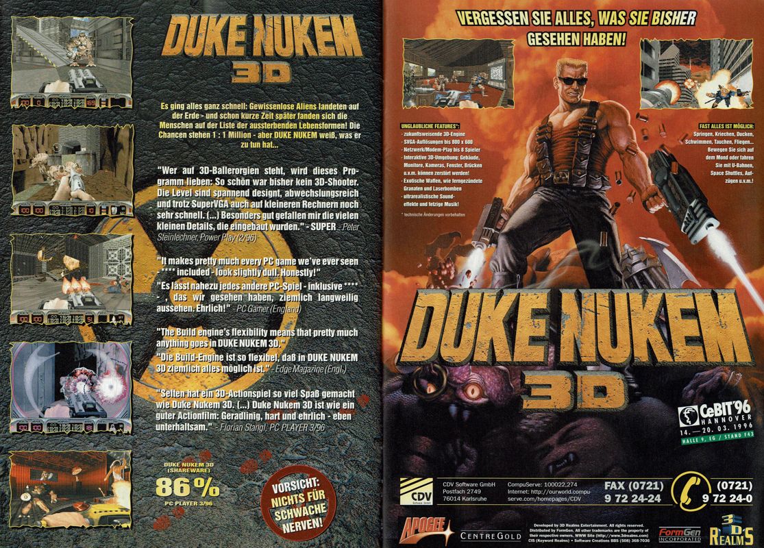 Duke Nukem 3D Magazine Advertisement (Magazine Advertisements): PC Player (Germany), Issue 04/1996