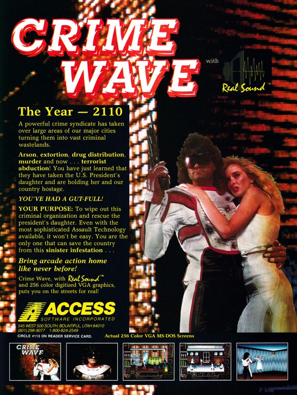Crime Wave Magazine Advertisement (Magazine Advertisements): crime wave access software ad Video Games & Computer Entertainment Issue 09 (October 1989) page 037
