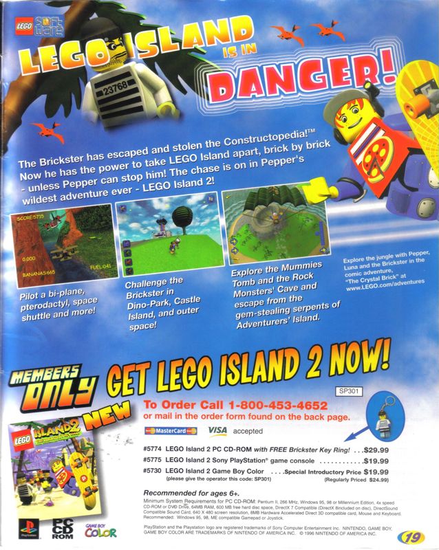 LEGO Island 2: The Brickster's Revenge Magazine Advertisement (Magazine Advertisements): LEGO Mania Magazine (US), March-April 2001 Issue Page 19