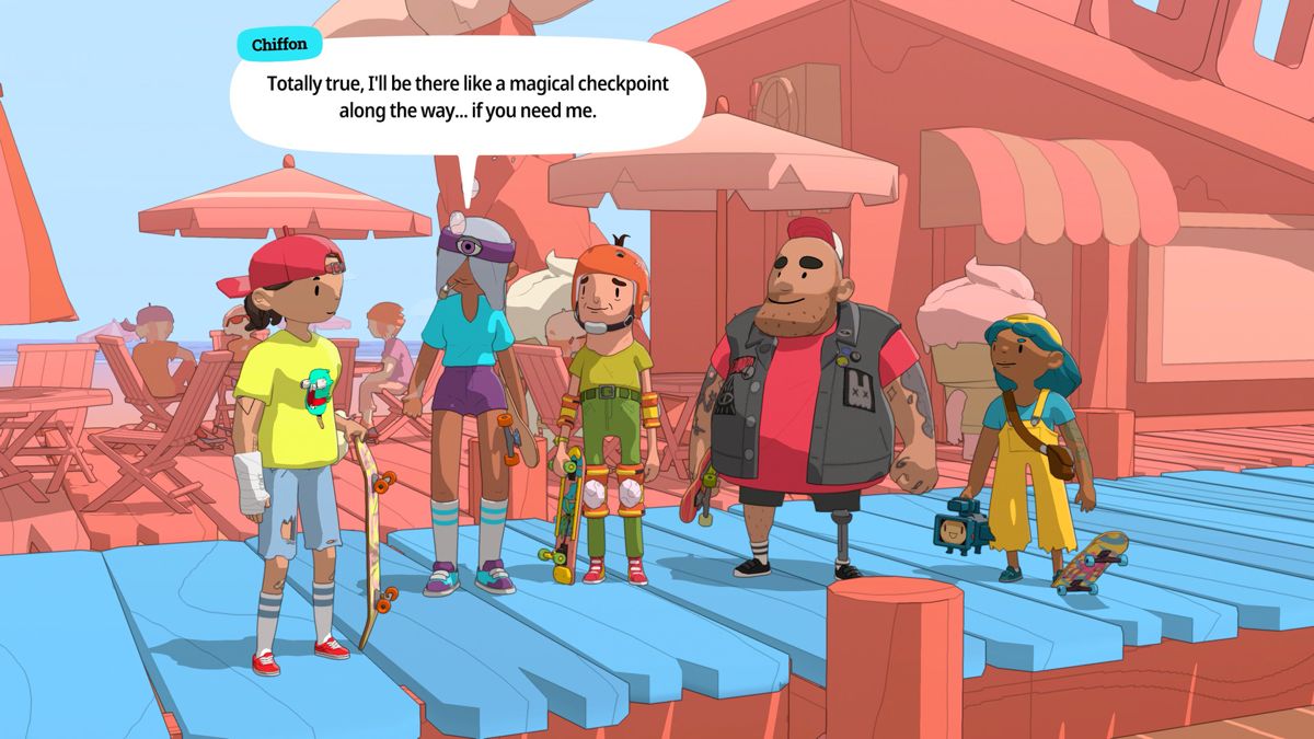 OlliOlli World Screenshot from Steam. Five characters stand in a group, each of different ages and body proportions.