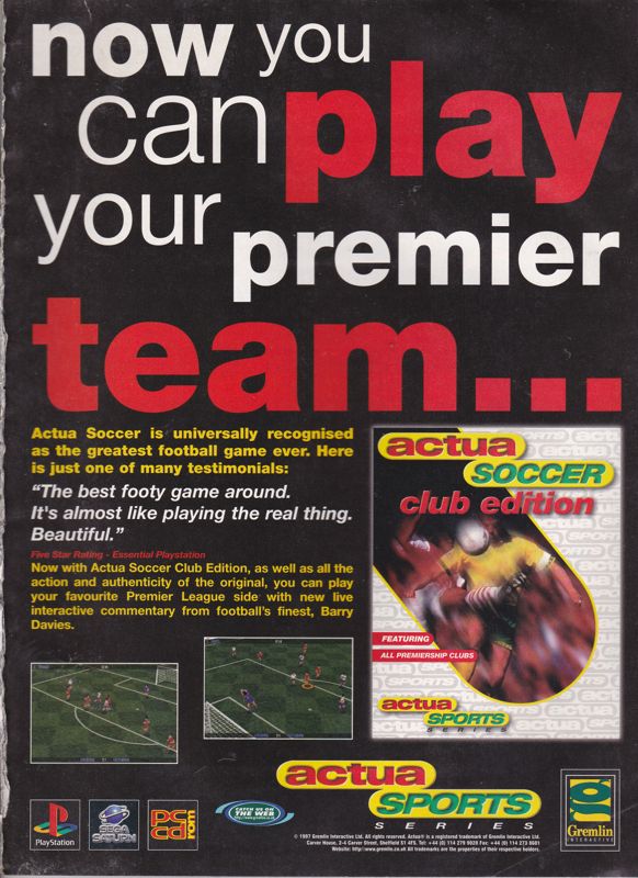 Actua Soccer: Club Edition Magazine Advertisement (Magazine Advertisements): PC Zone (UK), Issue June 1997