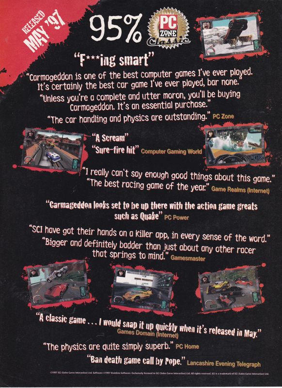 Carmageddon Magazine Advertisement (Magazine Advertisements): PC Zone (UK), June 1997 Part 1