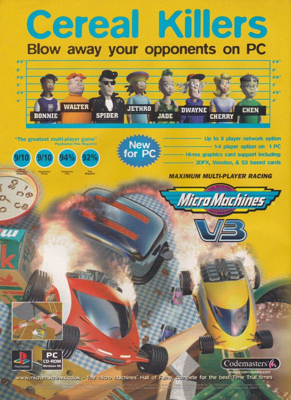 Micro Machines V3 Magazine Advertisement (Magazine Advertisements): PC Gamer (UK), May 1998
