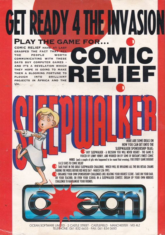 Sleepwalker Magazine Advertisement (Magazine Advertisements): Amiga Power (UK), January 1993 Comic Relief advert