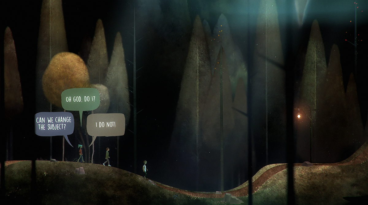 Oxenfree Screenshot (Night School Studios Press Kit Release (October 2014)): Towhee Woods Alex and Jonas discussing