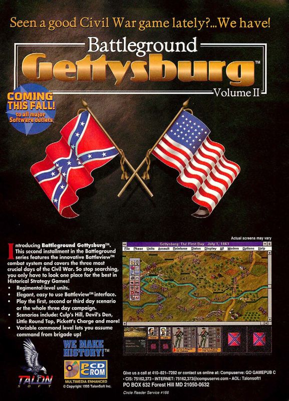 Battleground 2: Gettysburg Magazine Advertisement (Magazine Advertisements): Computer Gaming World (US), Issue 136 (November 1995)