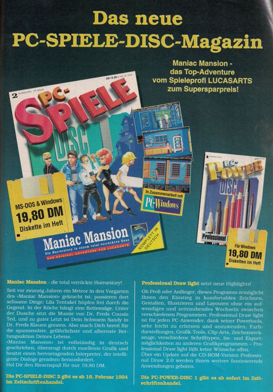 Maniac Mansion Magazine Advertisement (Magazine Advertisements):<br> Power Play (Germany), Issue 3/1994