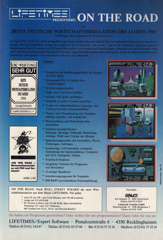 On the Road Magazine Advertisement (Magazine Advertisements): Amiga Joker (Germany), Issue 3/1991