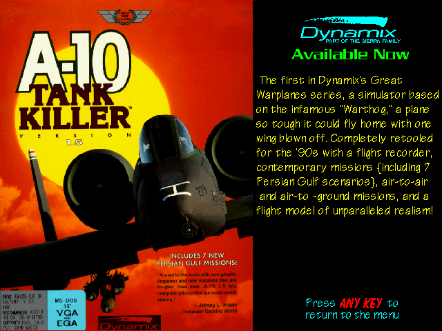 A-10 Tank Killer Other (Sierra's Sneak Peeks (1993)): Self Running Screen Display AUTODEMO/A10.PCX